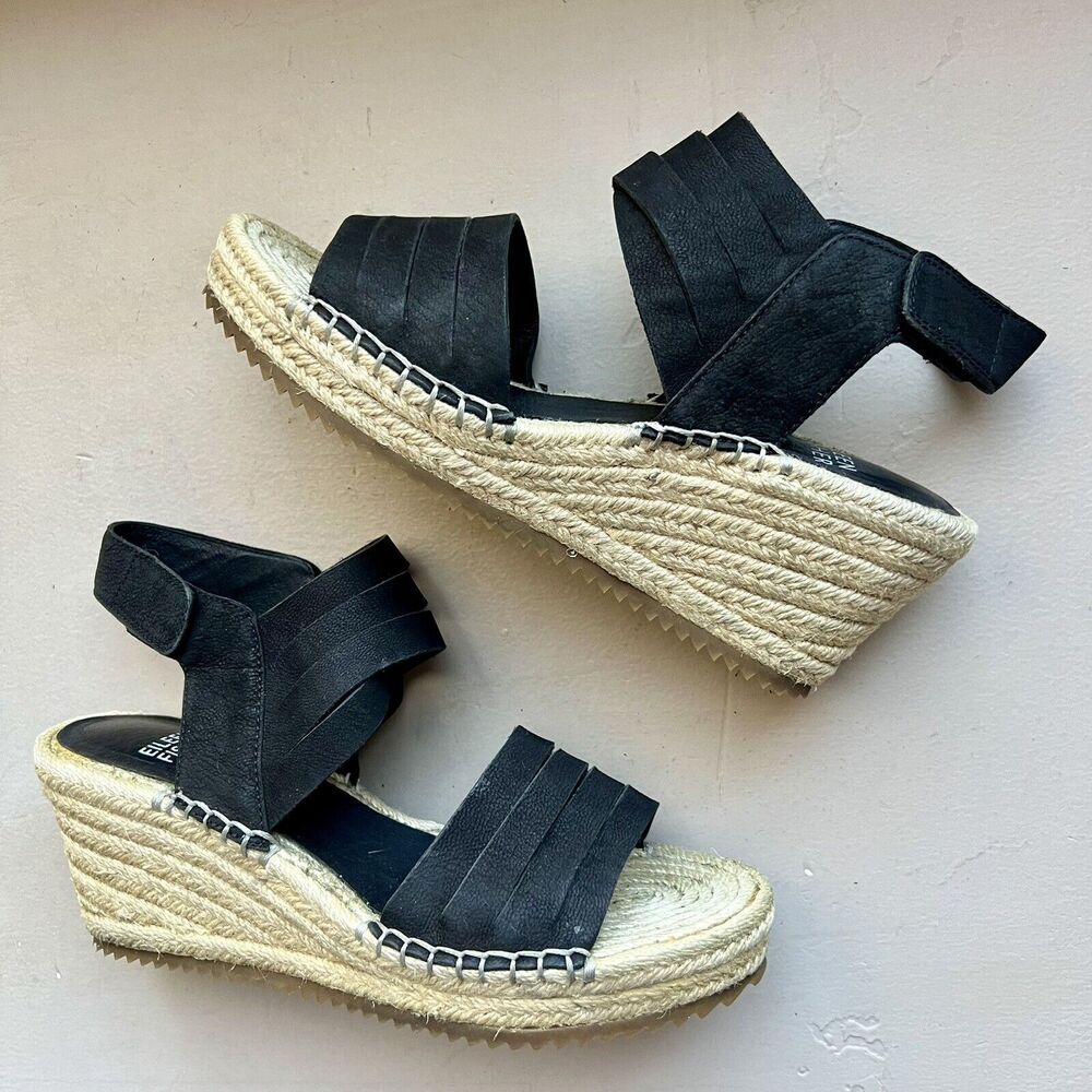 Eileen Fisher Largo Black Suede Espadrille Wedge‎ Strappy Sandal Shoes Women 6.5
